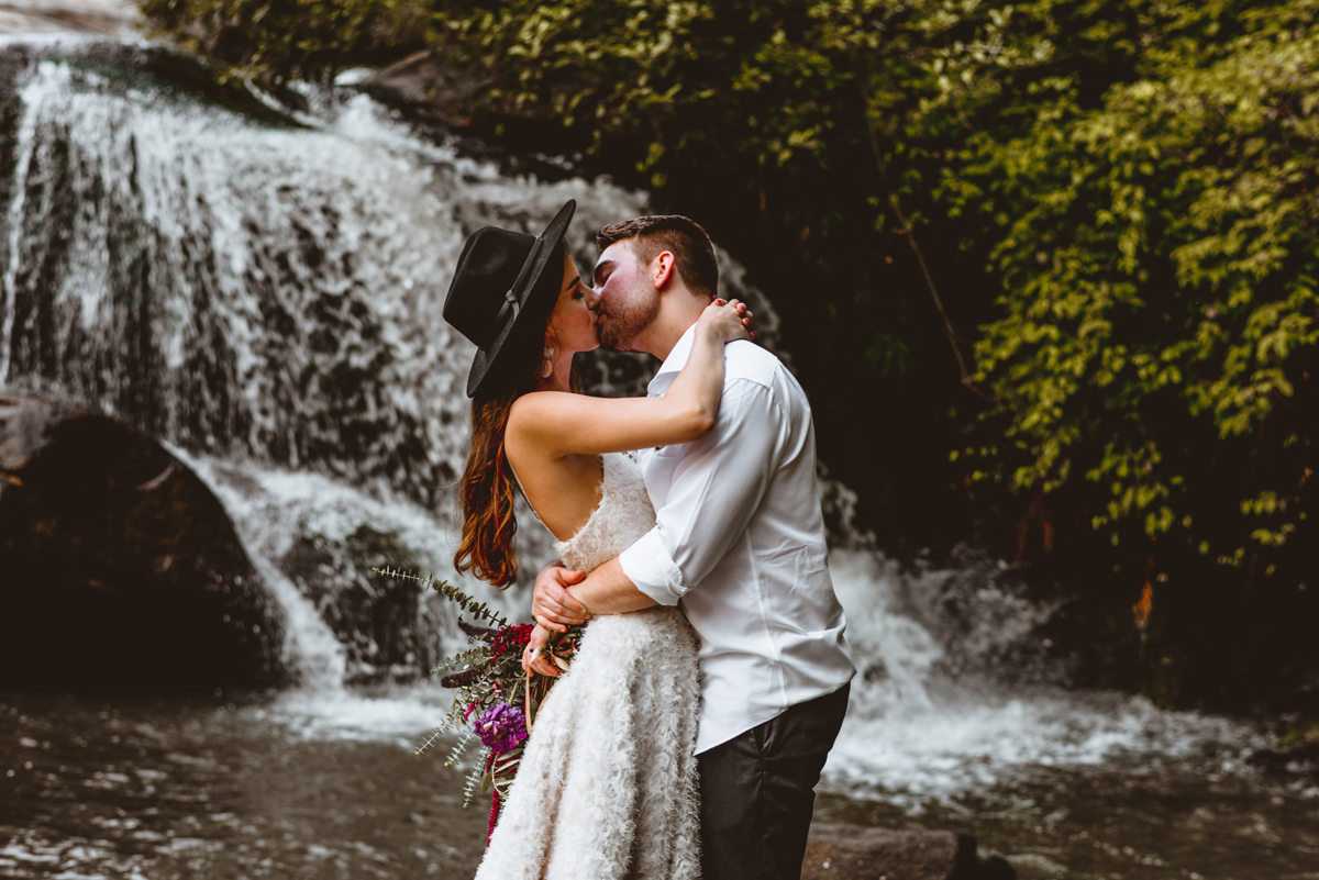 waterfall, hugging, kissing, bride, groom
