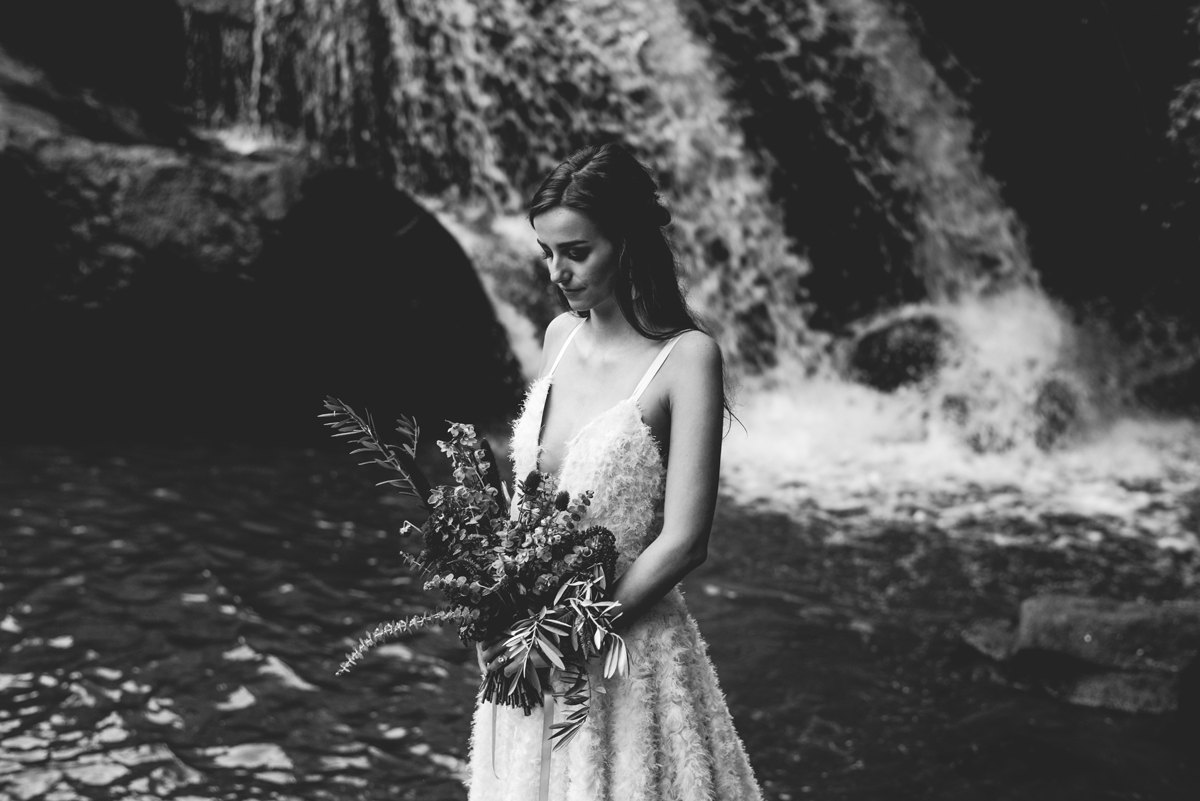 black and white, portrait, bride, waterfall, bouquet 