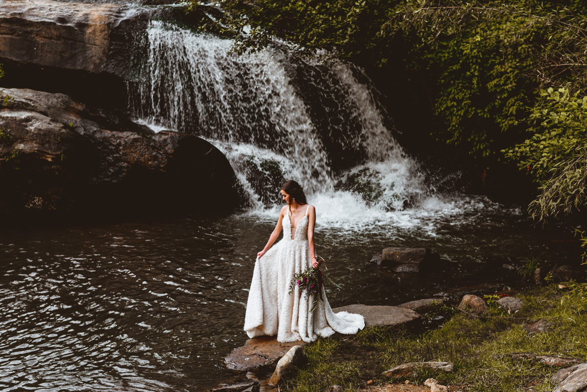 bride, portrait, wedding, dress, waterfall