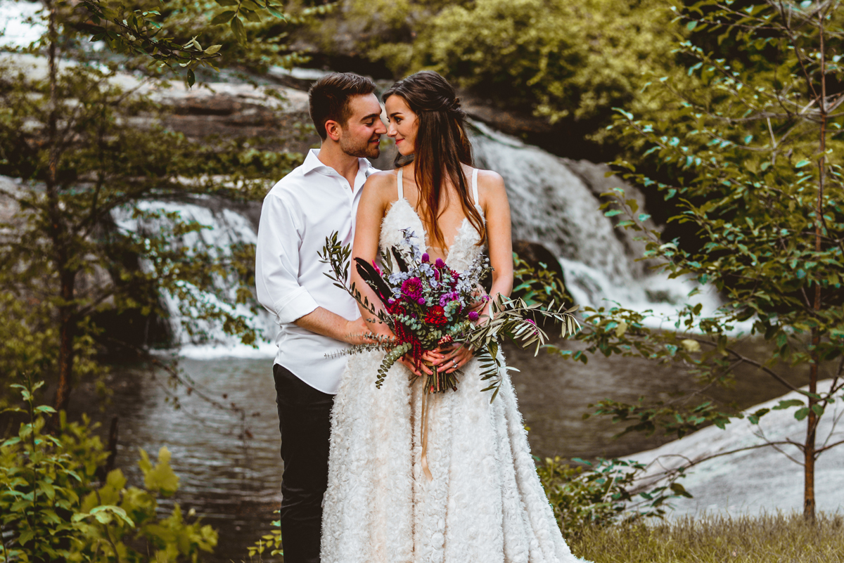 bride, groom, smiling, waterfall, nature, wedding