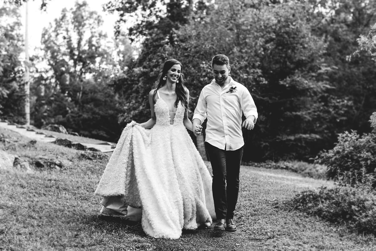 black and white, portrait, bride, groom, running